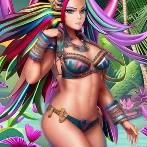 Anime Style Mayan Goddess in Jungle Setting