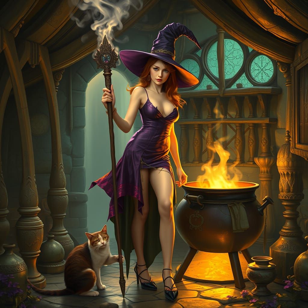 Ginger Witch with Cat in Futuristic Cottage