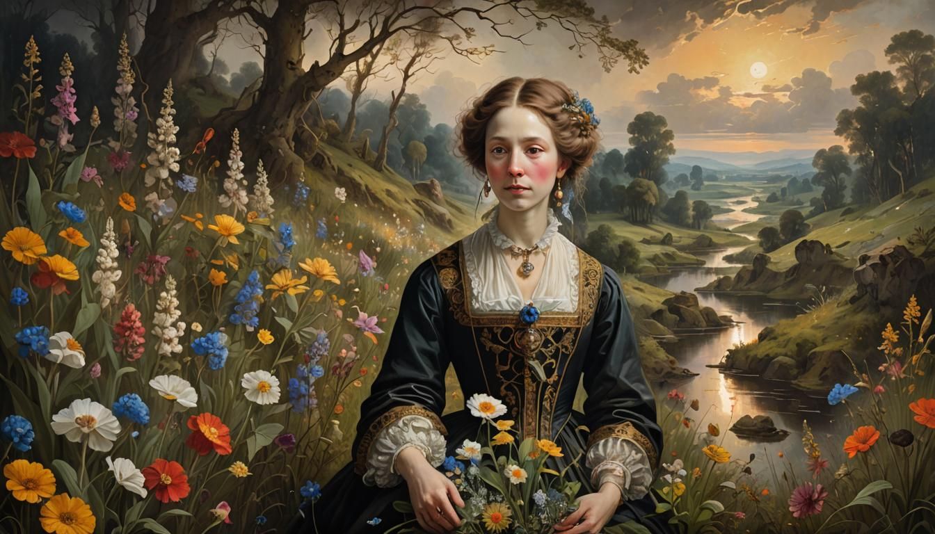 Woman Surrounded by Wildflowers in Golden Age Style