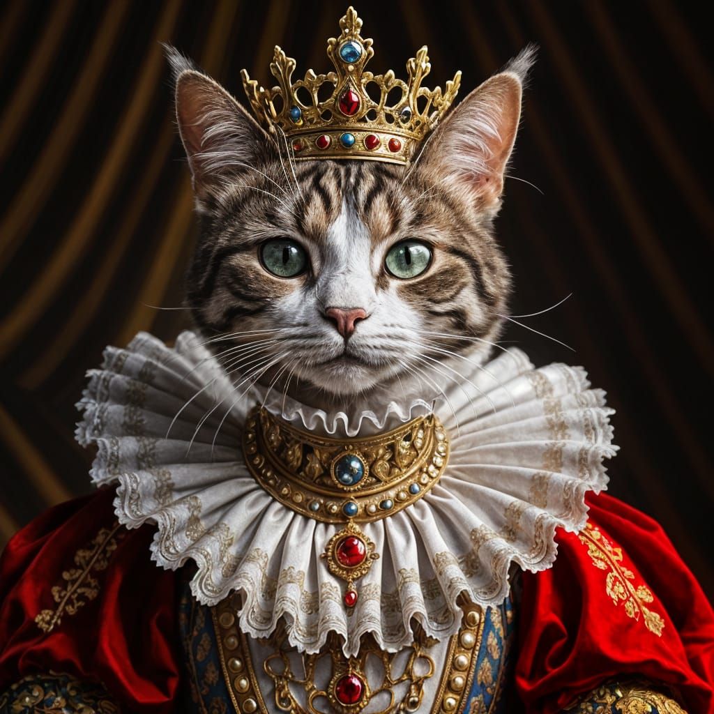 Renaissance Cat Queen Portrait in Digital Art Style