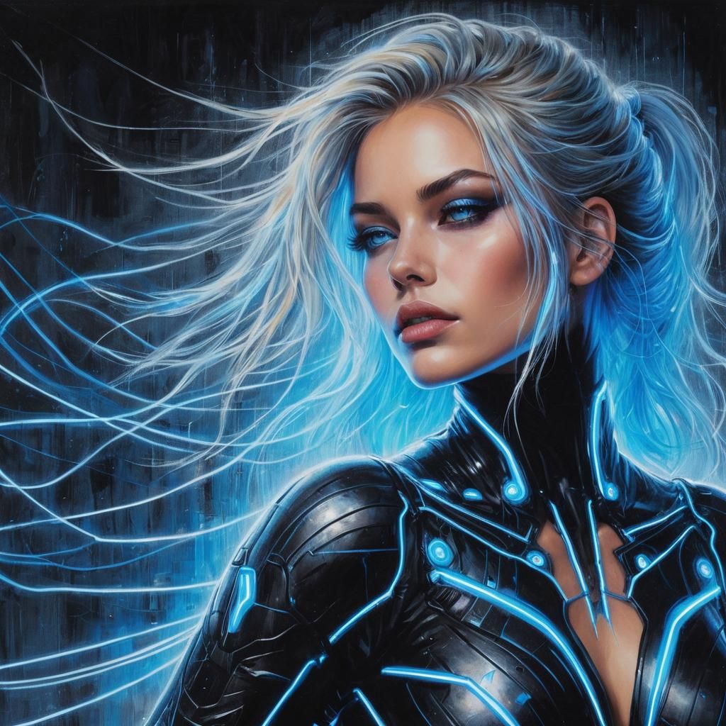 Woman in Cyberpunk Bodysuit with Neon Highlights
