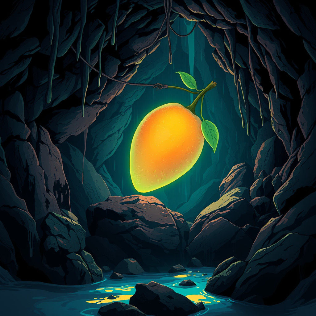 Bioluminescent Mango Glows in Mystical Cave, Manga Style