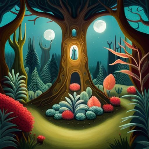 Enchanted Surreal Forest Illustration in Vintage Style