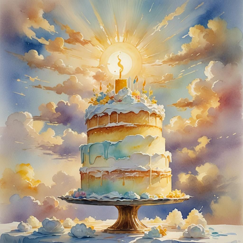 Impressionist Watercolor of a Sun Cake in Clouds