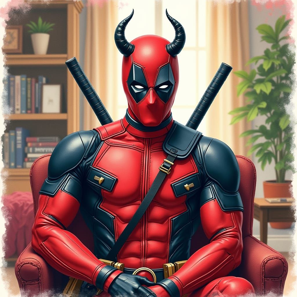 Deadpool in Elegant Living Room, Watercolor Style