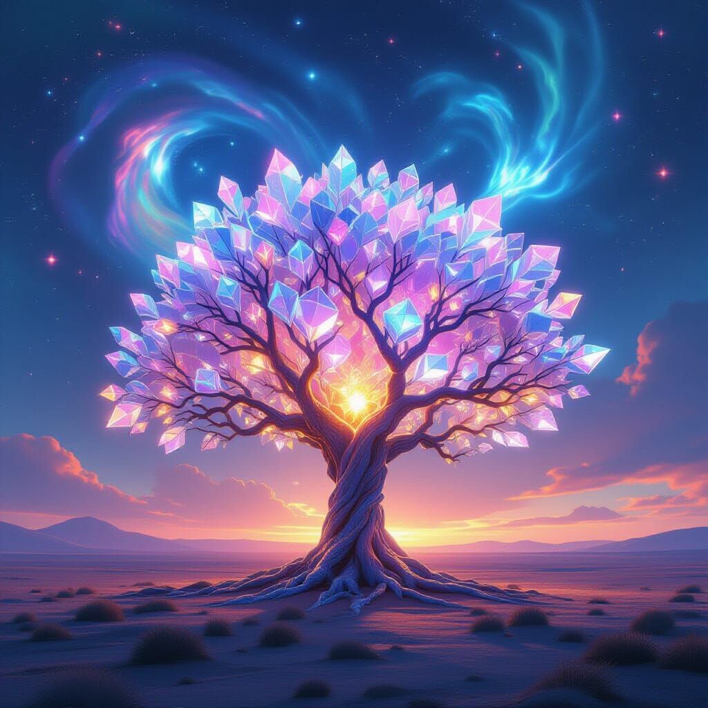 Alien Tree with Crystalline Leaves in Cosmic Landscape