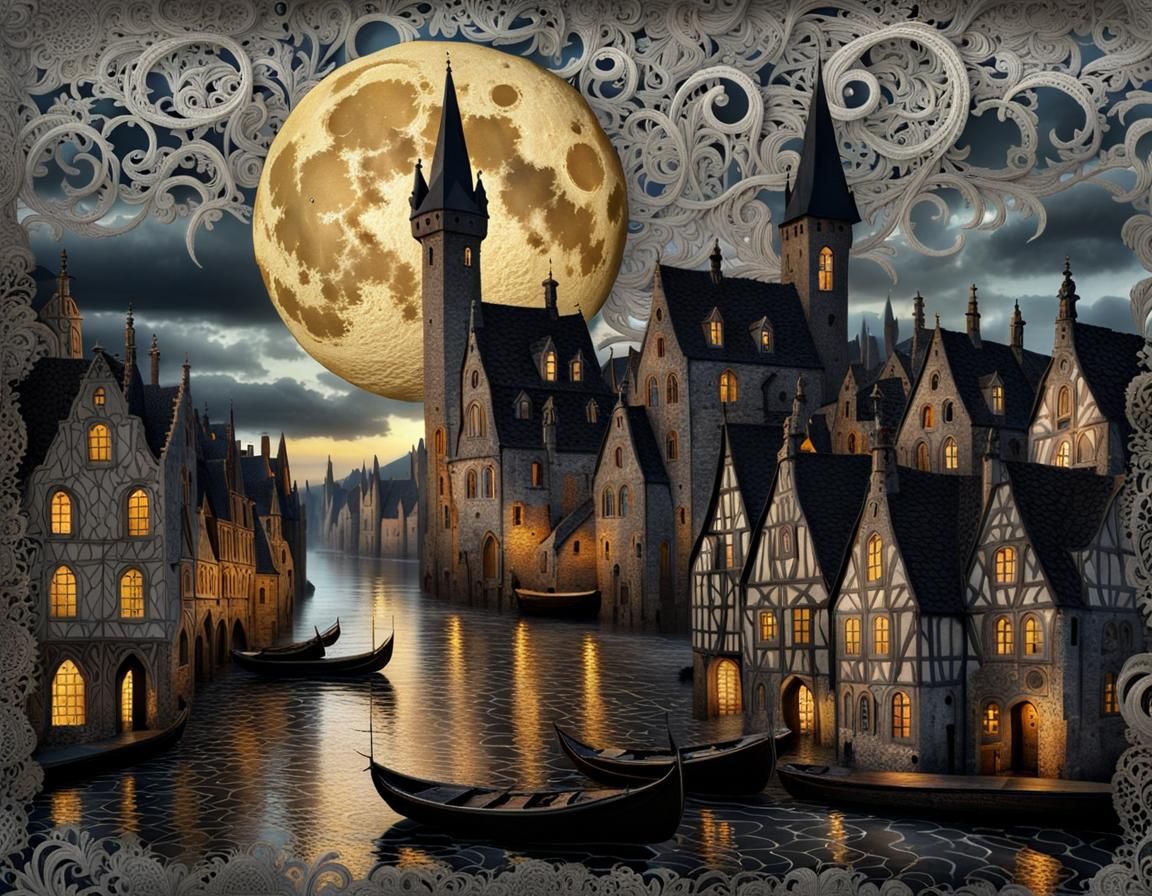 Lace Medieval Town in Stormy Twilight Collage