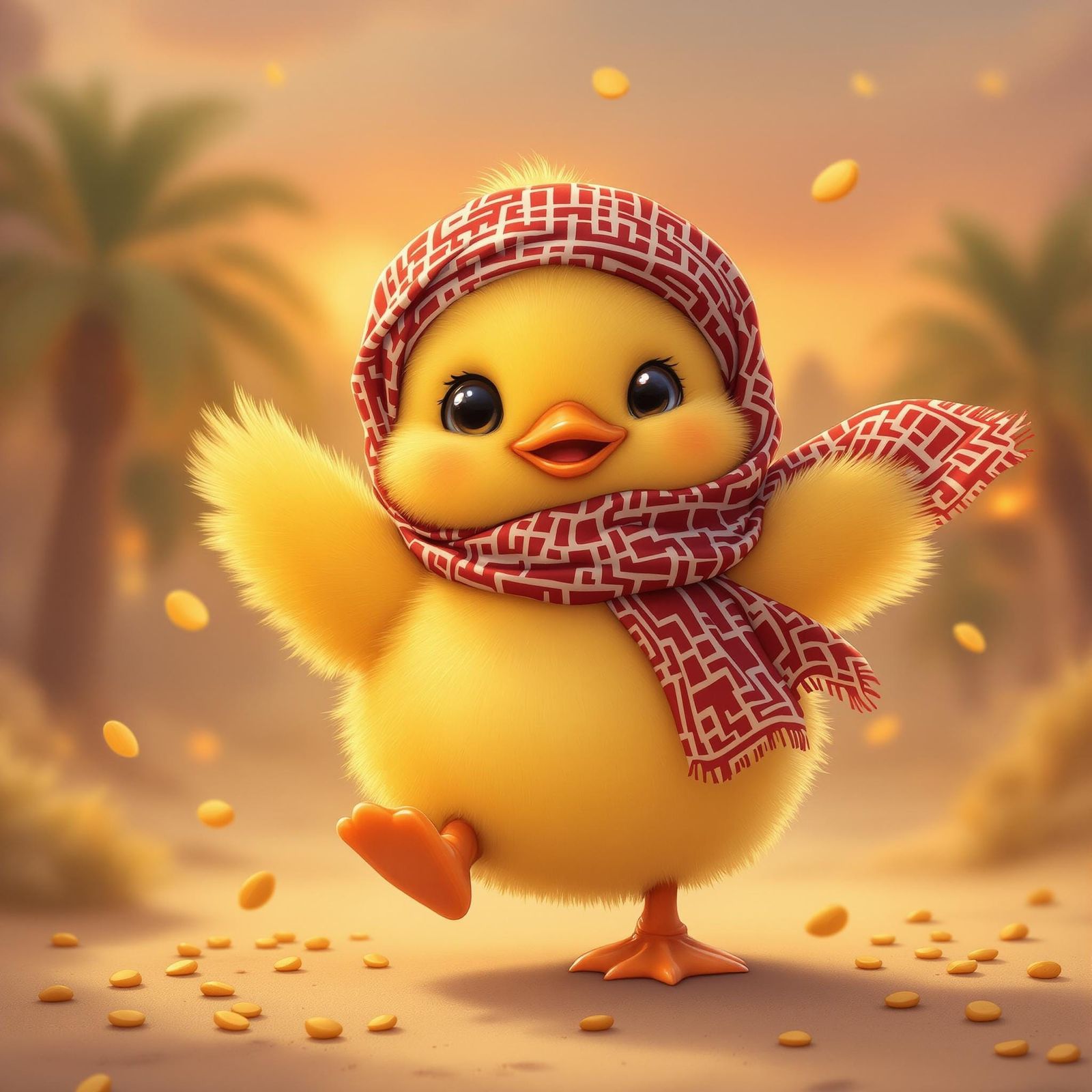 Joyful Duckling Dances in Desert Oasis: Kawaii Style