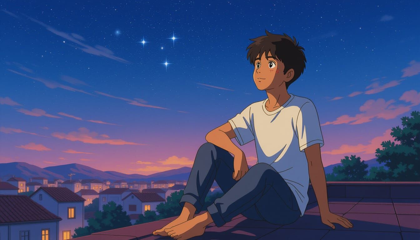 Young Indian Man Gazes at Starry Sky on Rooftop