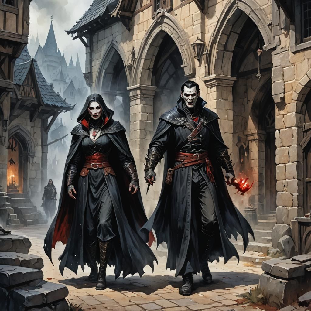 Angry Vampire Spawn Couple in Watercolor Painting