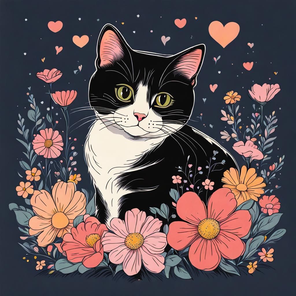 Cute Cat Surrounded by Flowers in Clear Line Style