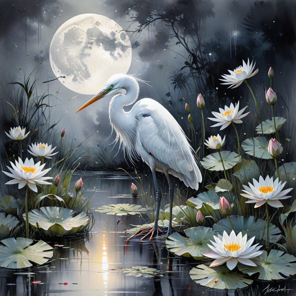 Whimsical Watercolor Heron under Full Moon