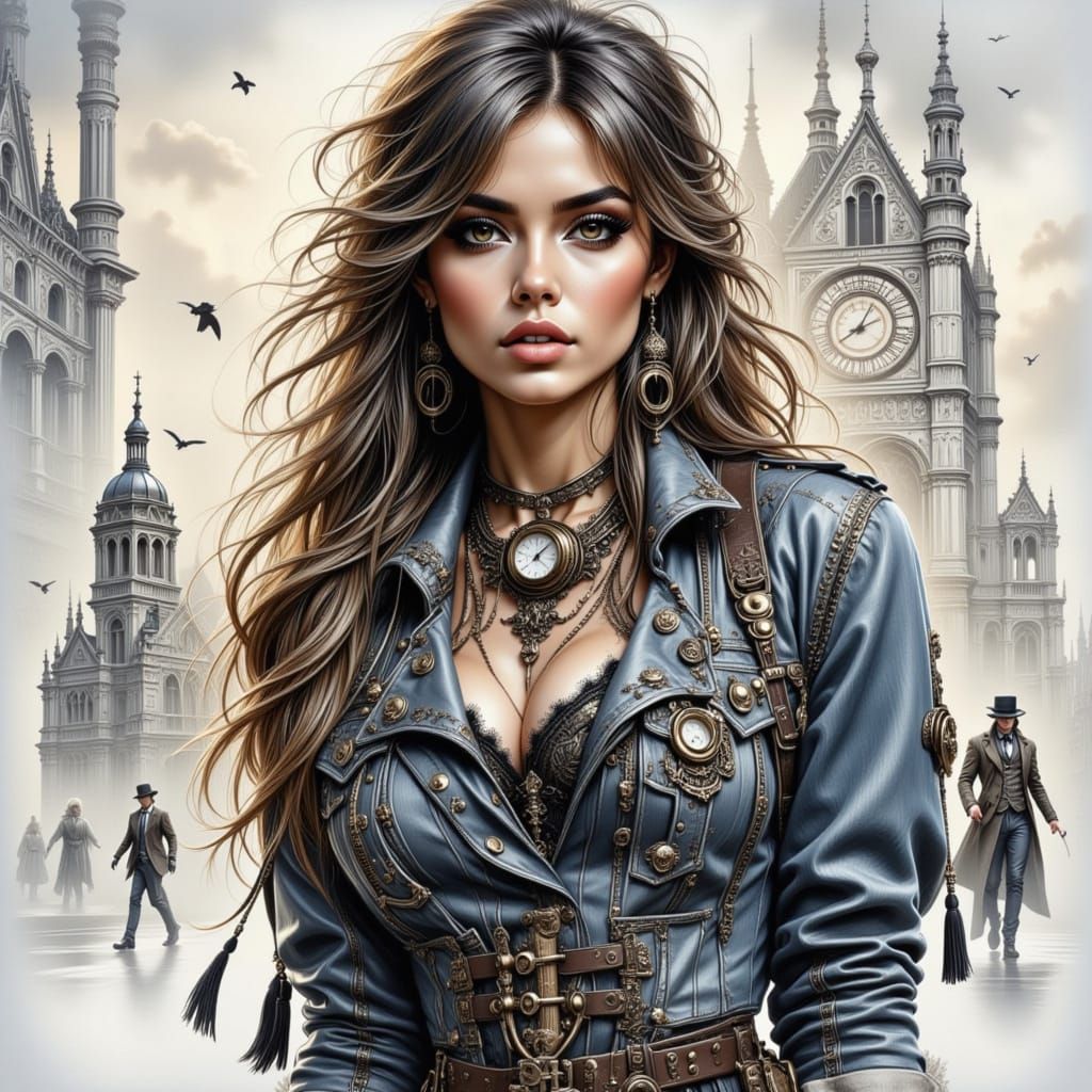 Steampunk Woman Collage with Cat in Watercolor Style