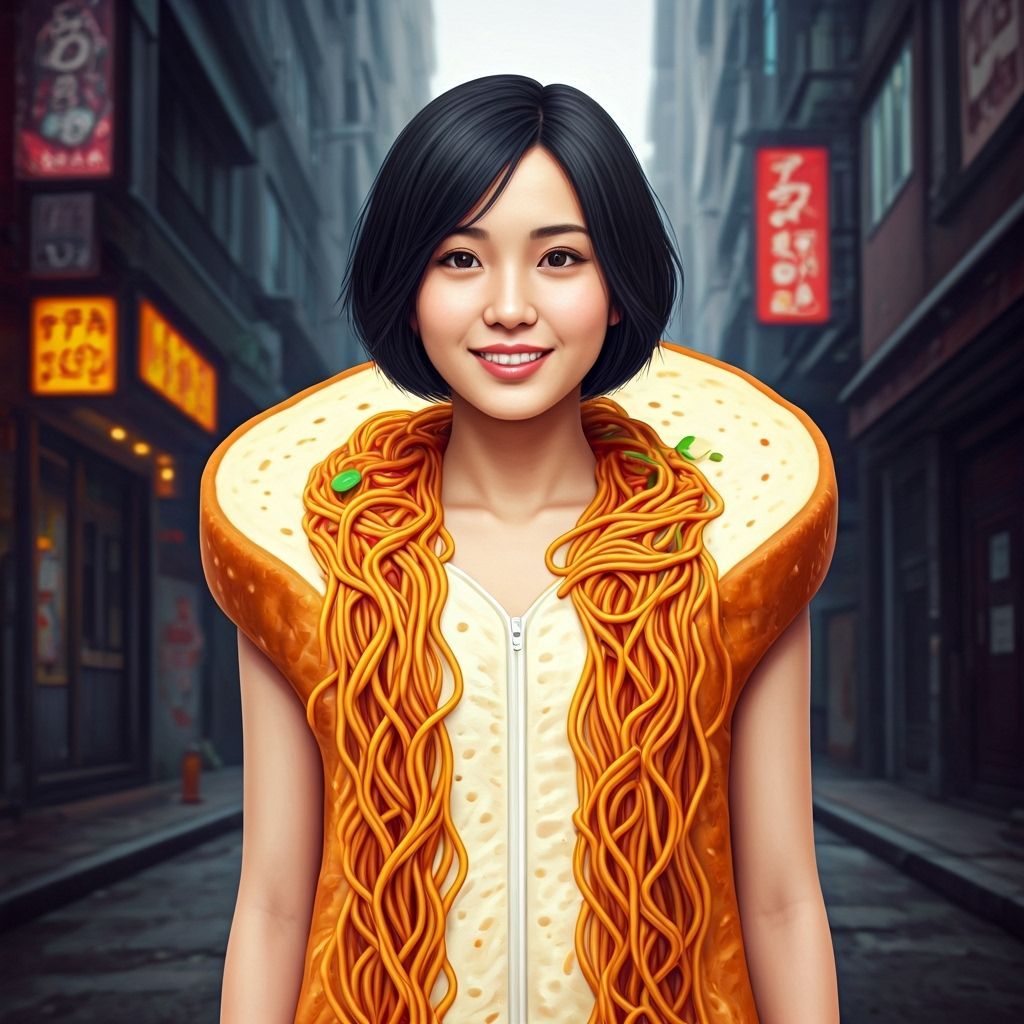 Happy Woman in Yakisoba Bread Onesie, Detailed Matte Paintin...