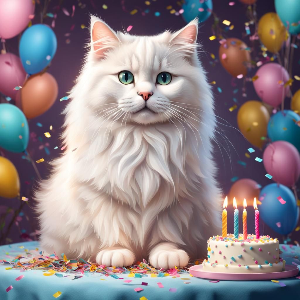 Fluffy White Cat Celebrates Birthday