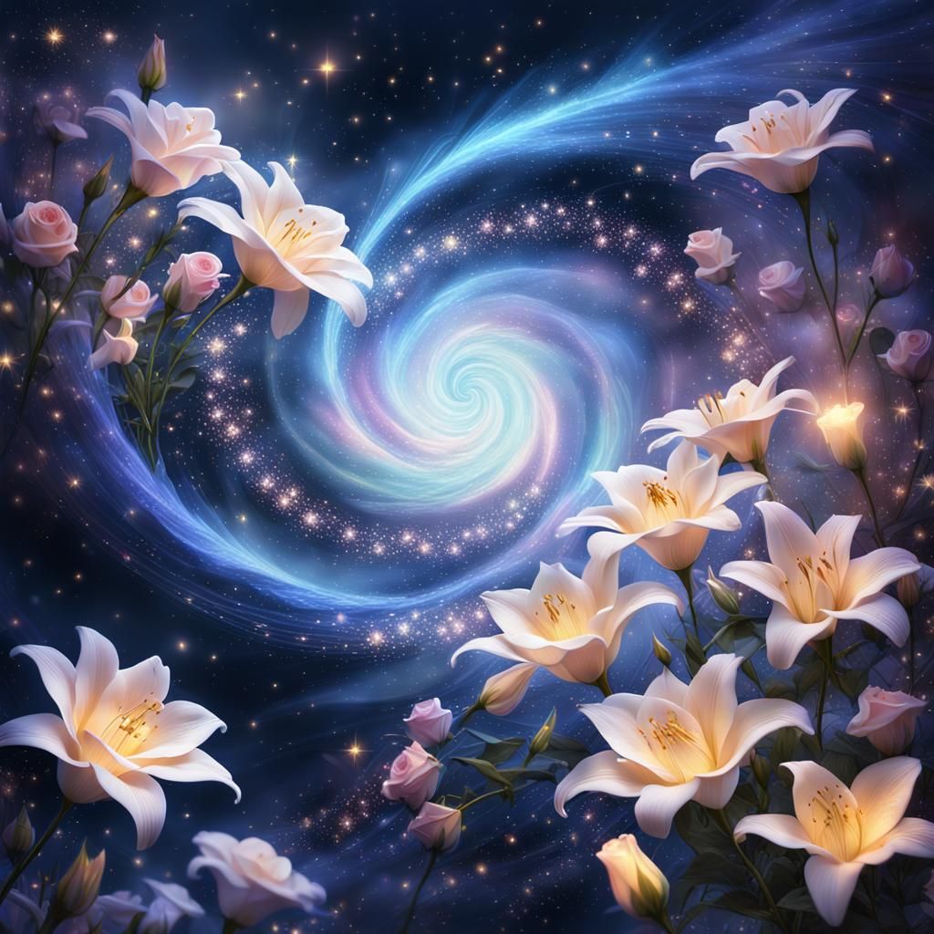 Ethereal Vortex of Roses, Lilies and Stars