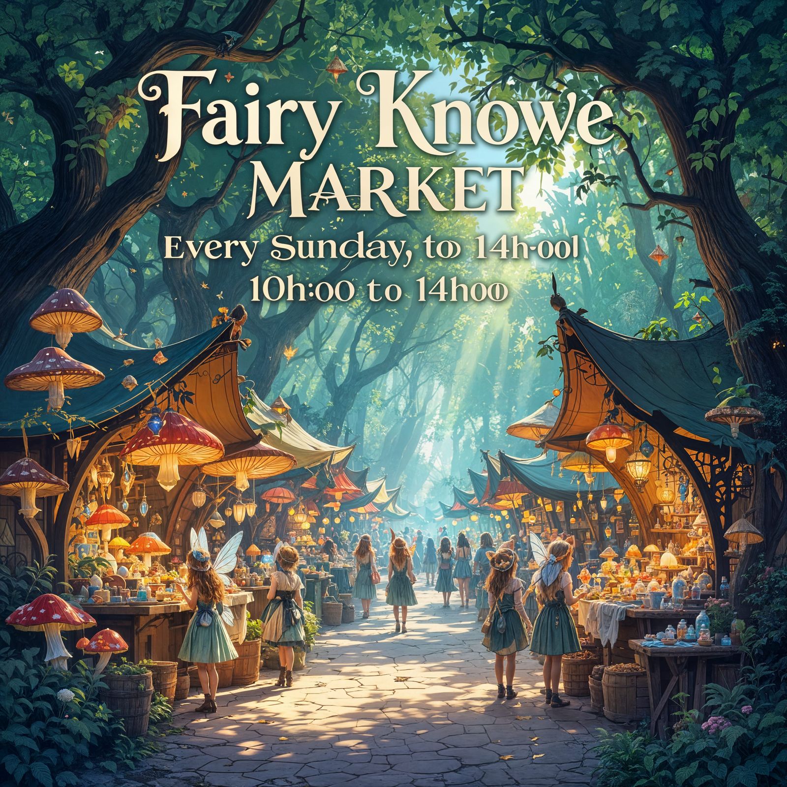 Whimsical Fairy Market Scene with Bold Sunday Hours