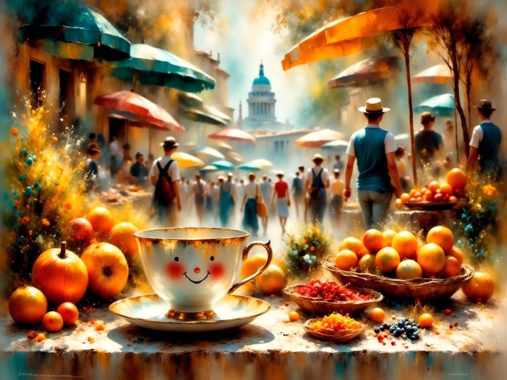 Smiling Teacup in Vibrant Impressionist Marketplace