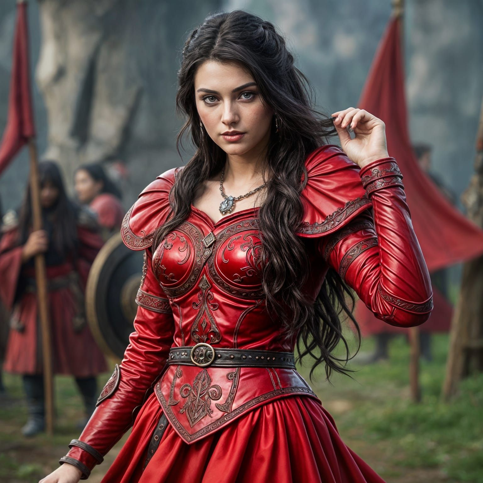 Stunning Woman in Red Armor Dress