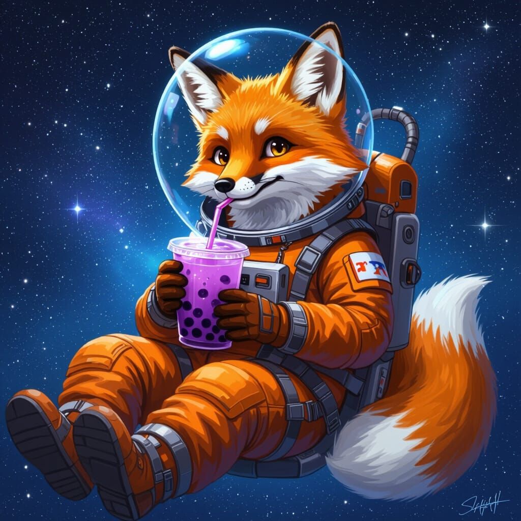 Fox Astronaut Sipping Boba Tea in Space