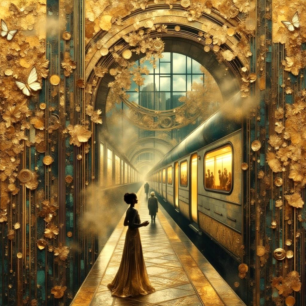 Opulent Collage of Woman at Train Station with Gold Accents