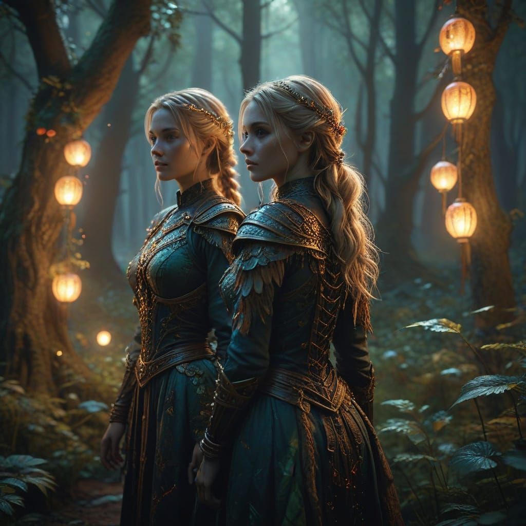 Sisters in Enchanted Forest, Cinematic Fantasy Art