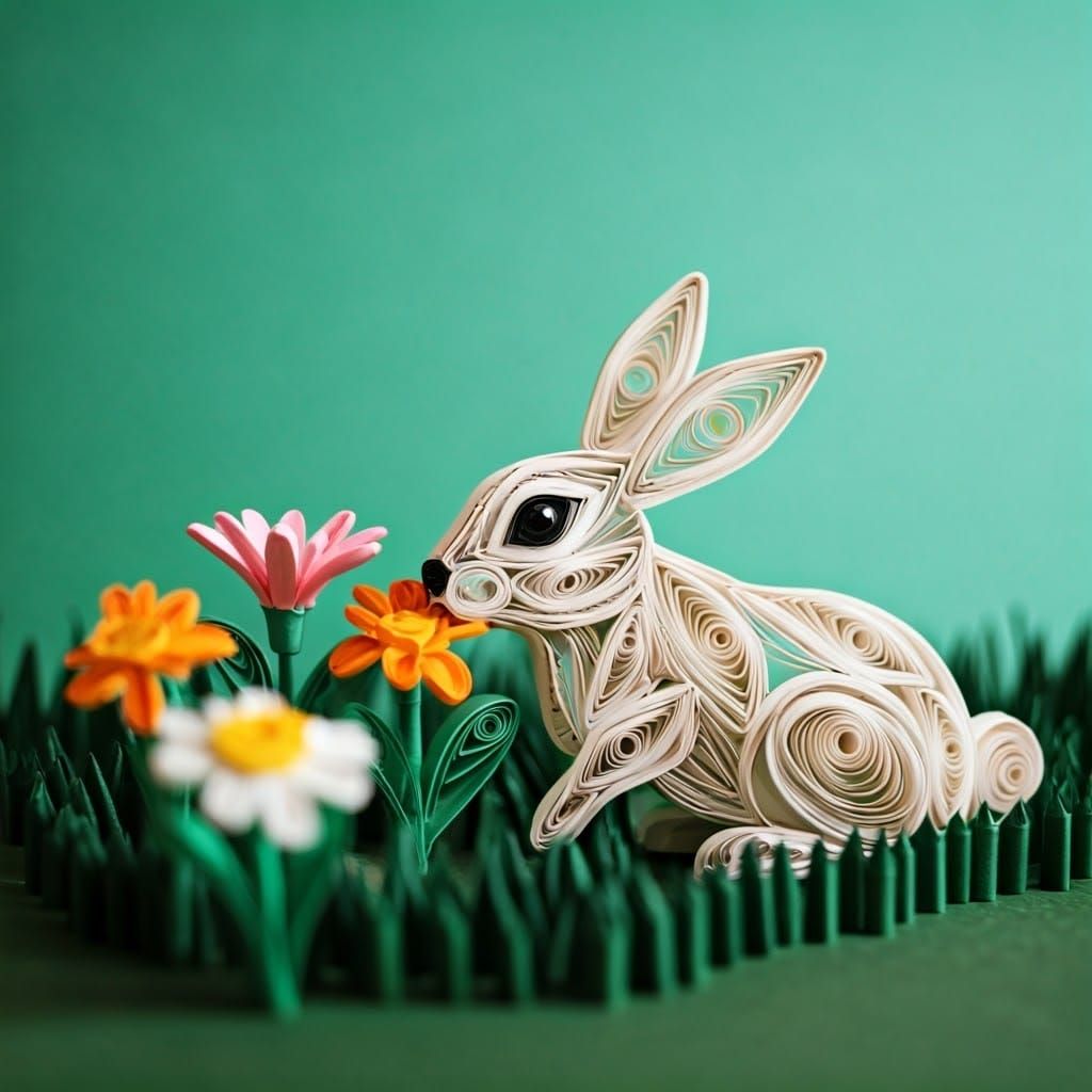Paper Quilled Rabbit Nibbling Flowers