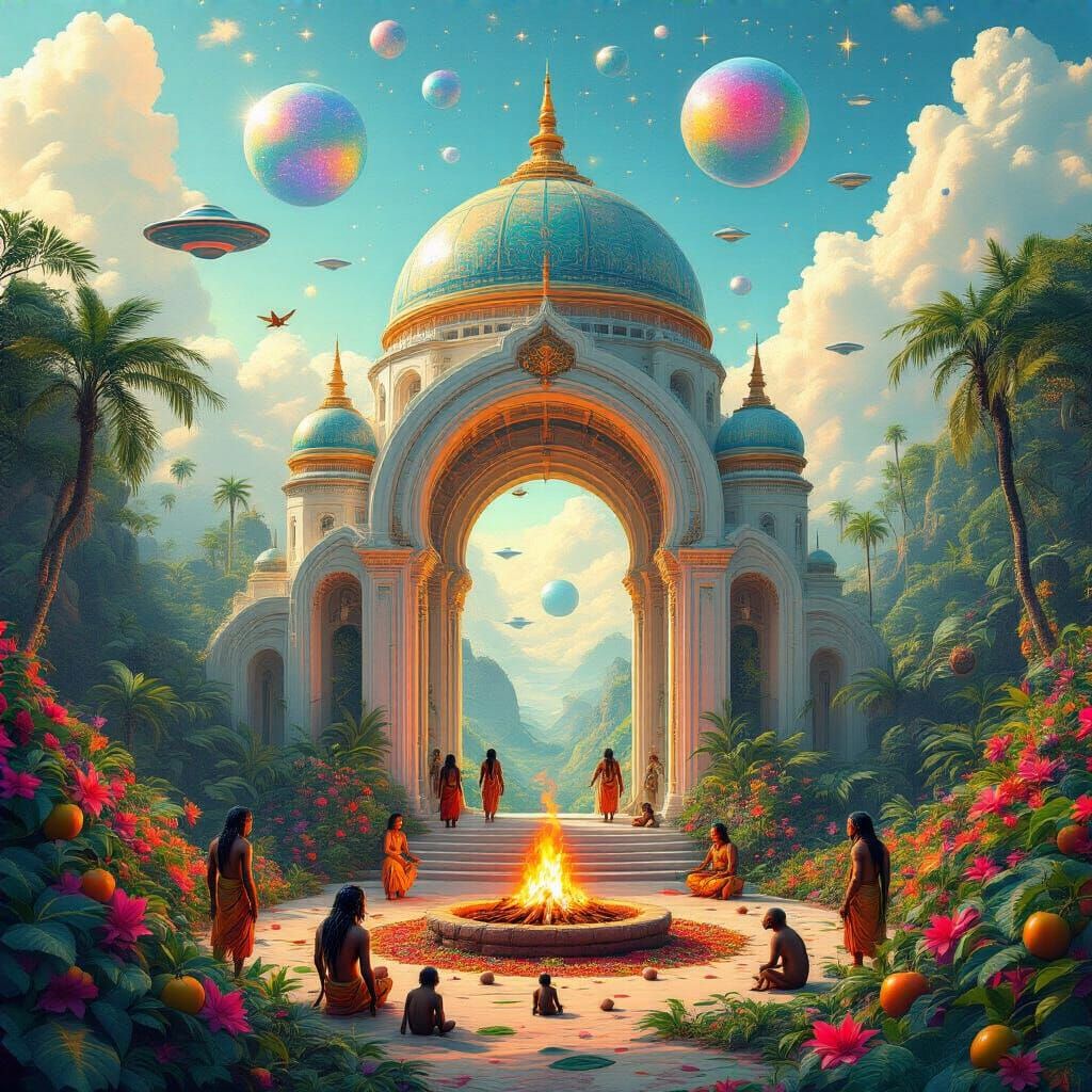 Futuristic Temple Portal in Psychedelic Jungle