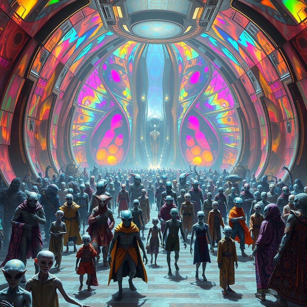 Galactic Federation HQ: Diverse Aliens Gather in Vibrant, Ir...