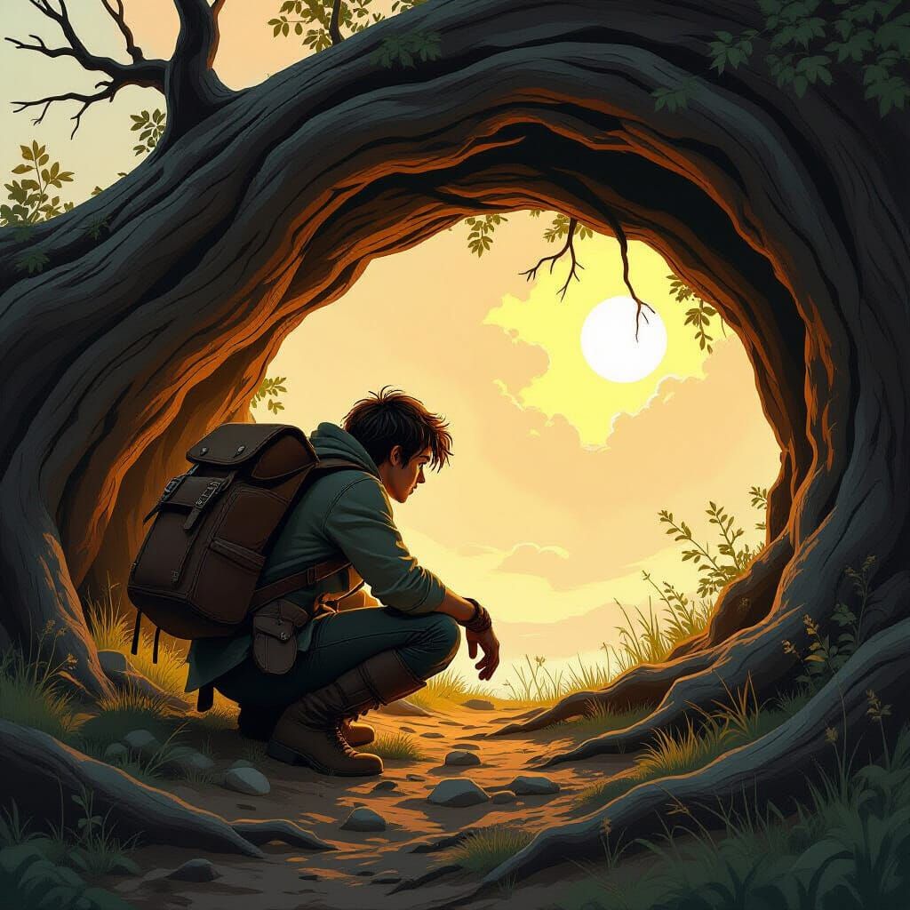 Golden Light Beckons Traveler in Forest Hollow