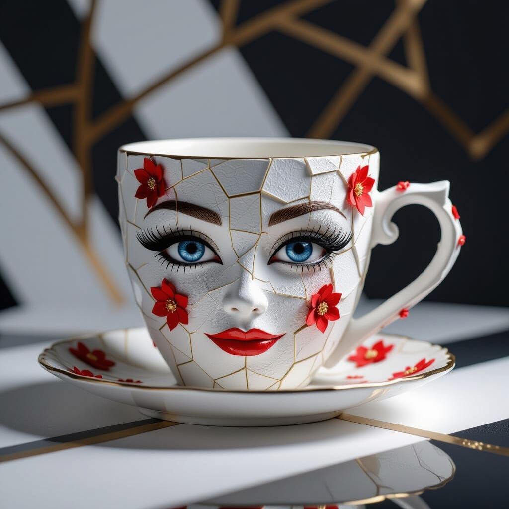 Surreal Plaster Cup with Floral Details, Hyperrealistic Styl...