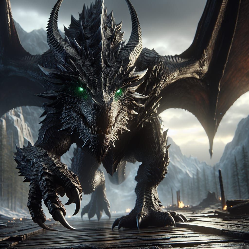 Colossal Coal-Scaled Dragon in 3D Cinematic Style