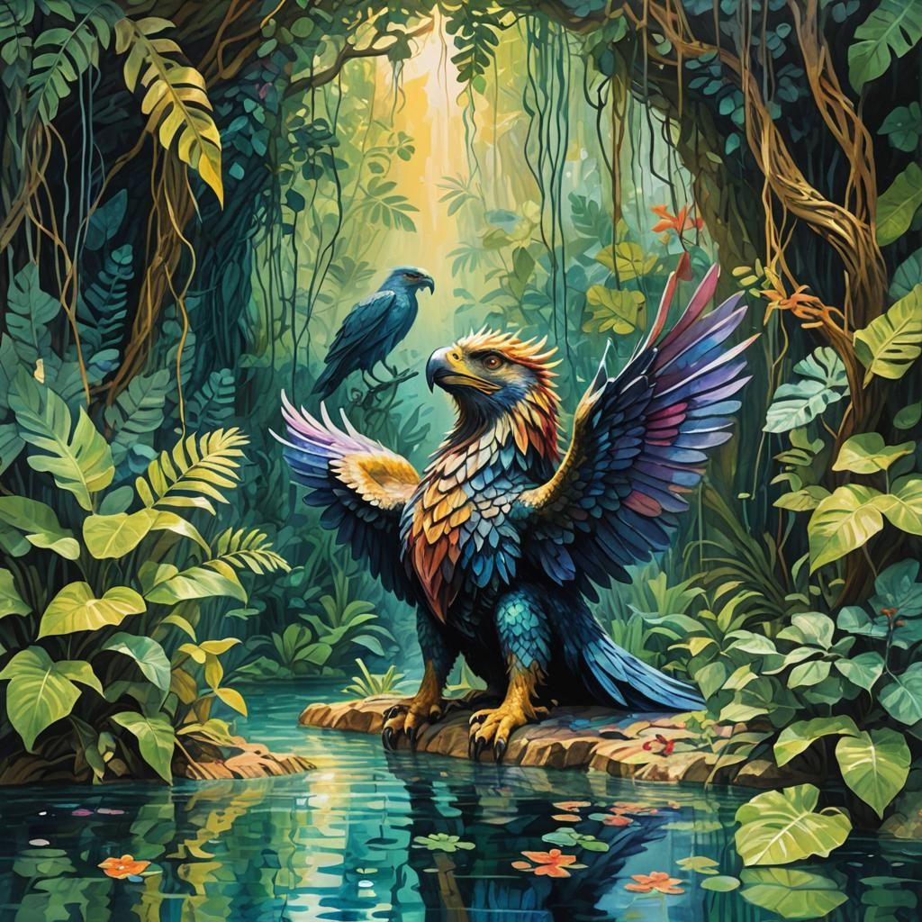 Iridescent Gryphon Bathing: Gouache Impressionist Masterpiec...