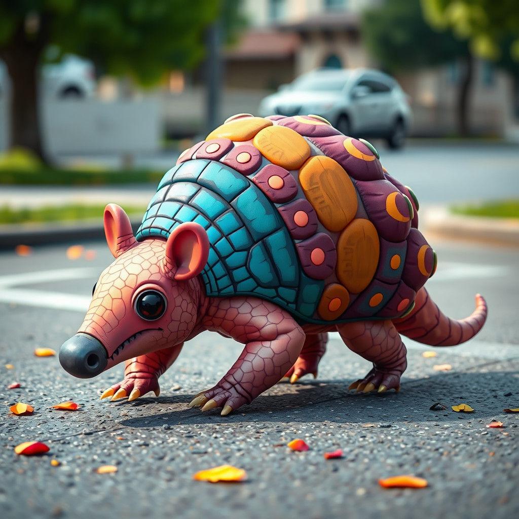 Cartoon Armadillo Rolls Through Colorful Street