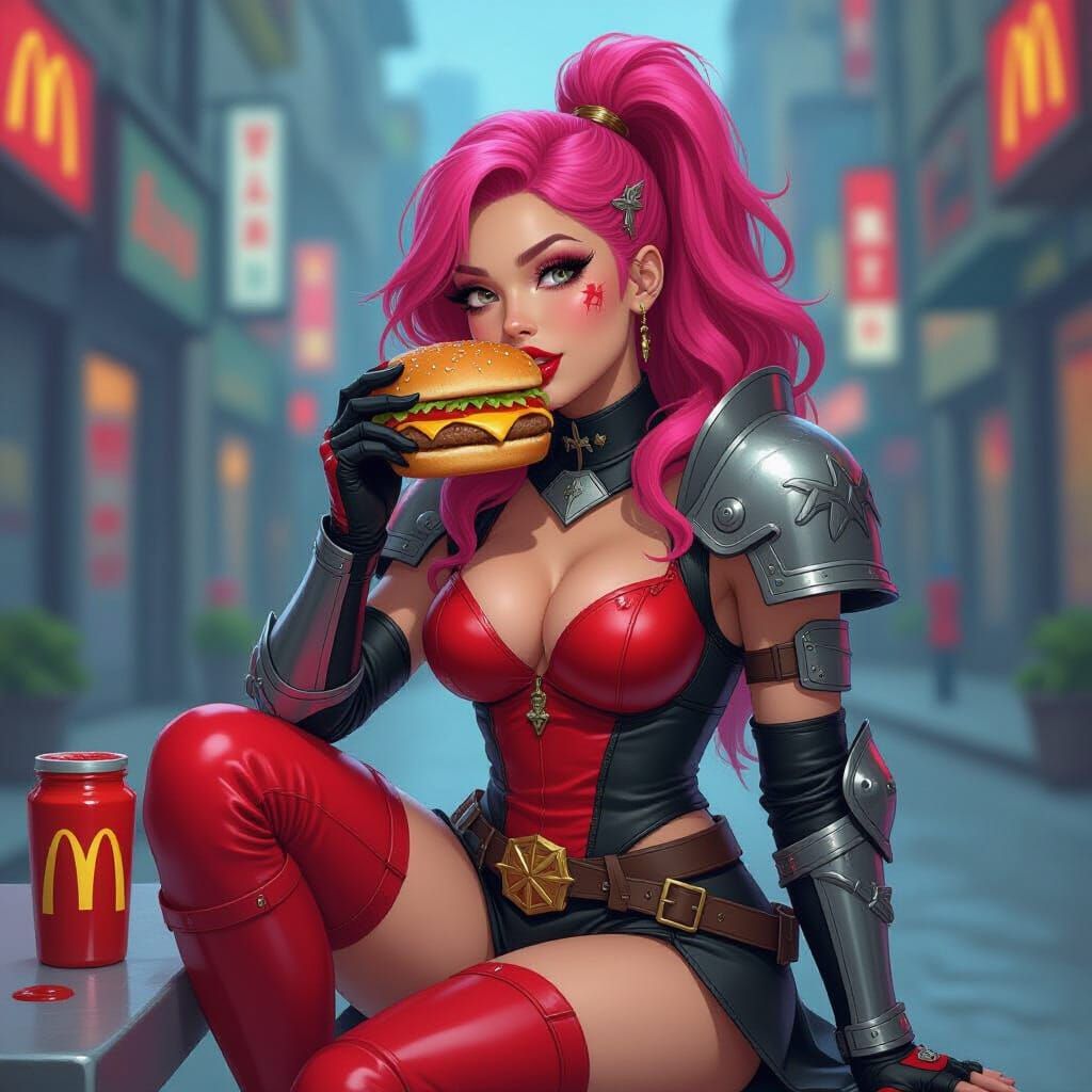 Warrior Princess Eats Cheeseburger in Pop Surrealist Style