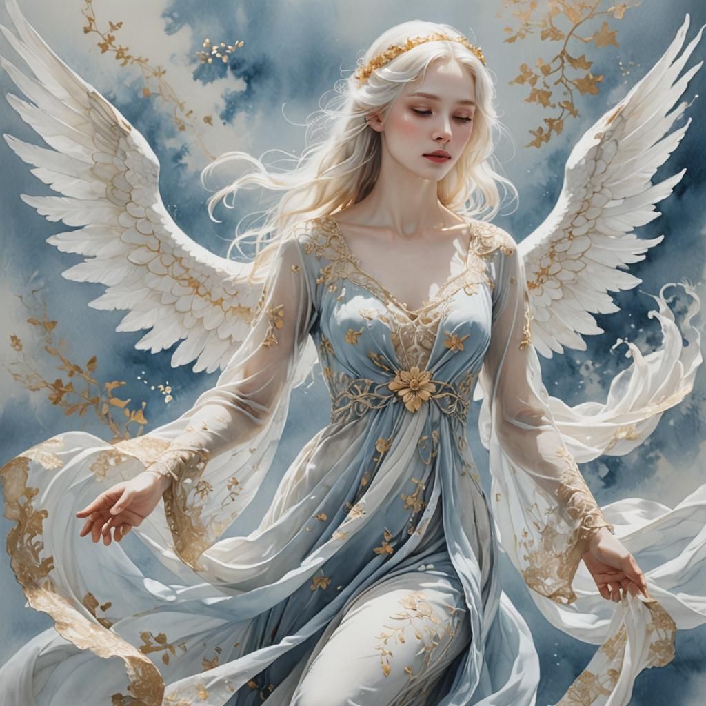 Ethereal Angelic Girl in Ink Wash Painting