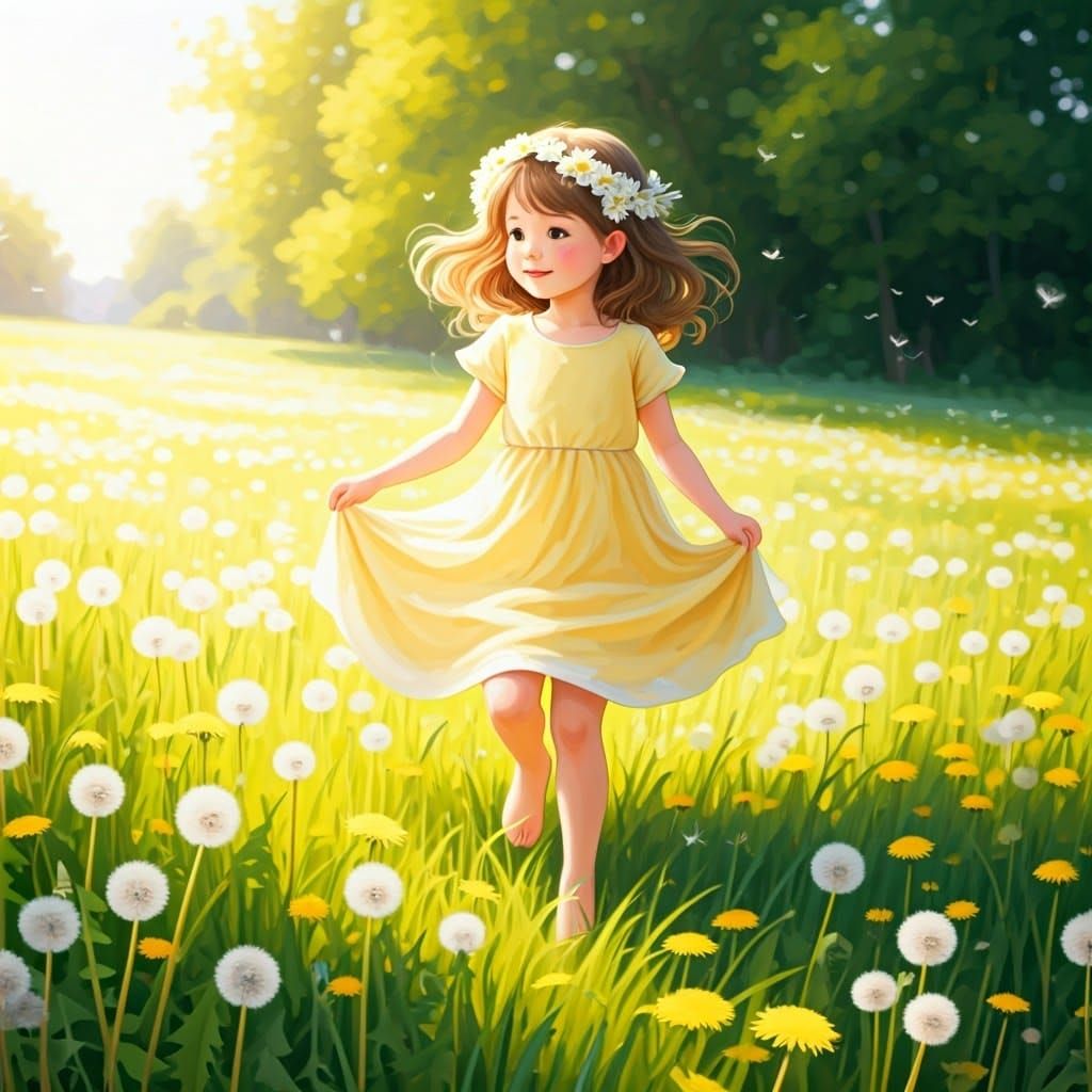Girl Leaping Through Dandelions in Watercolor Style