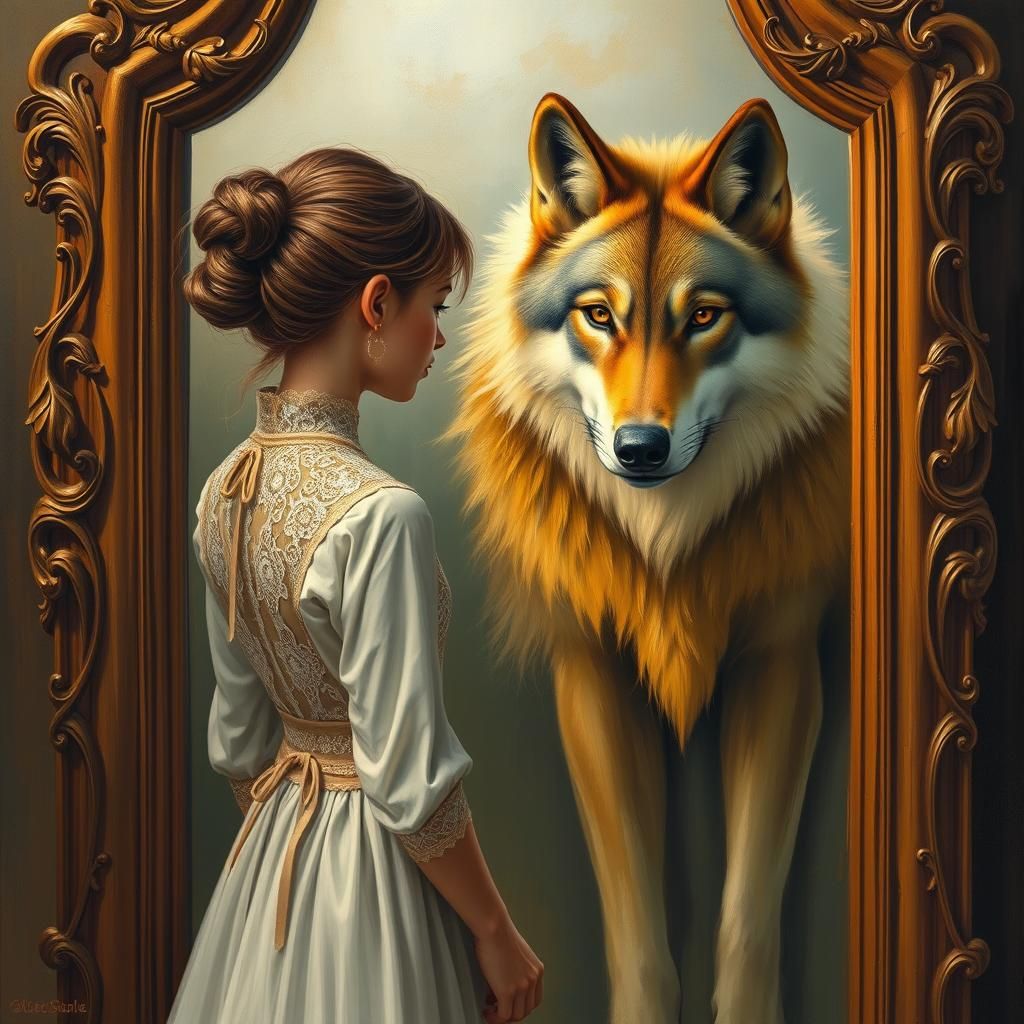 Wolf Reflection in Antique Mirror, Oil Painting