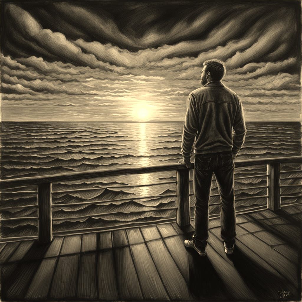 Charcoal Sunset: Man on Deck Contemplates Horizon