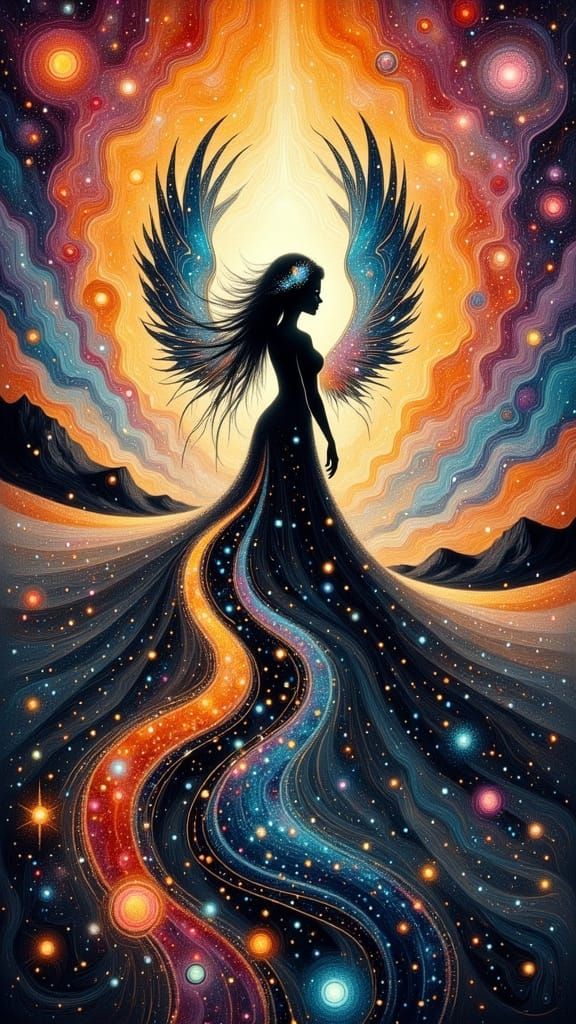 Mystic Pagan Silhouette in Cosmic Rainbow Hues