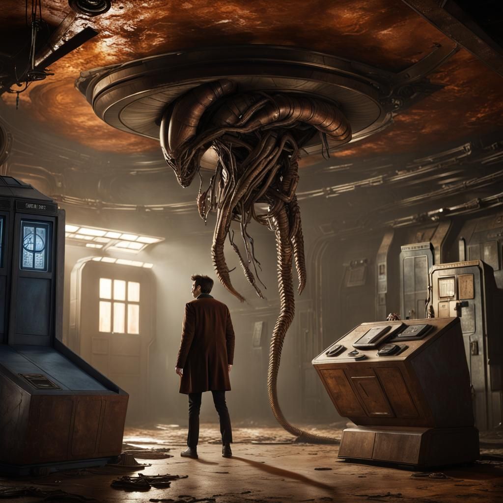 The Doctor and a Xenomorph on a Spaceship