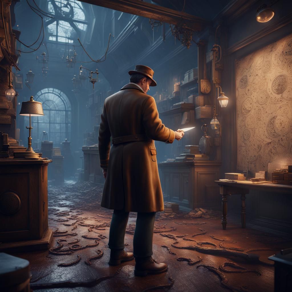 Detective Investigates Paw Prints in Detailed Fantasy Art