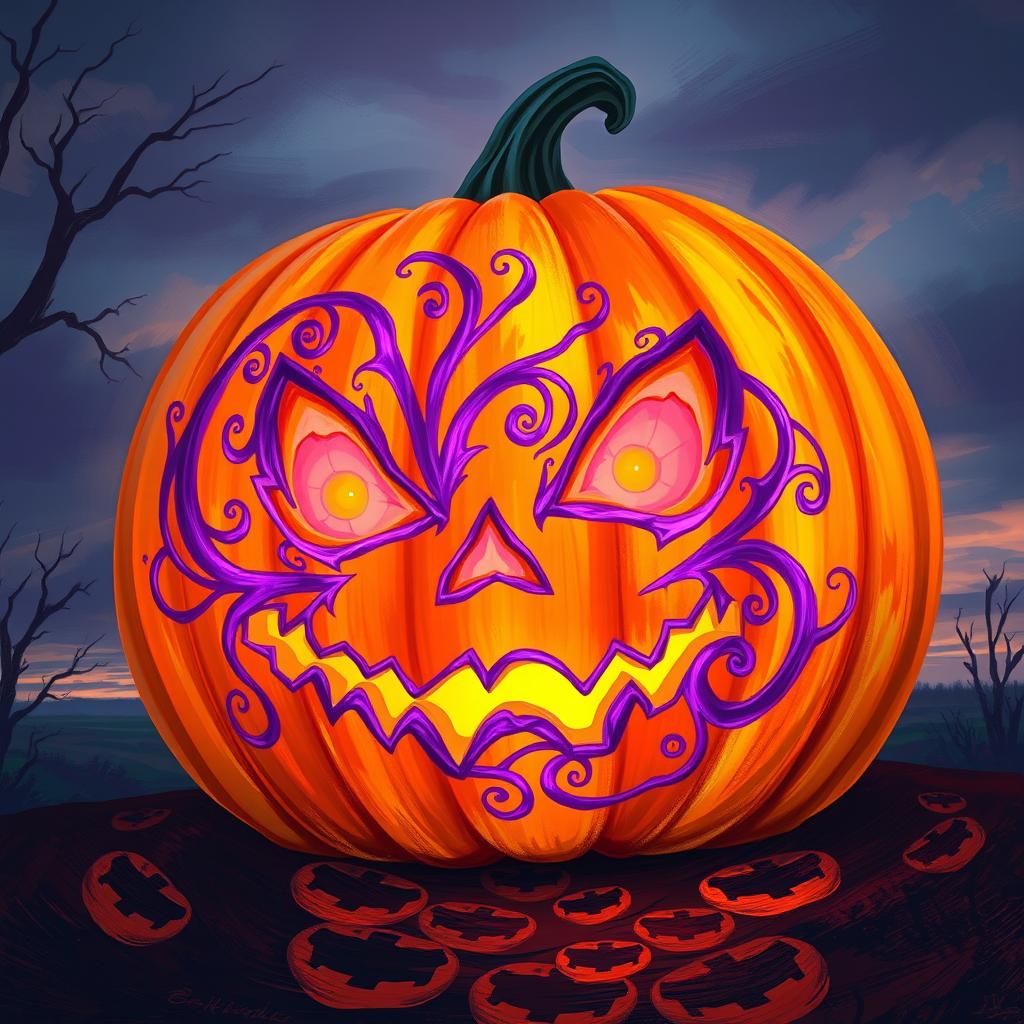 Luminescent Jack-o'-Lantern with Purple Swirls in Digital Pa...