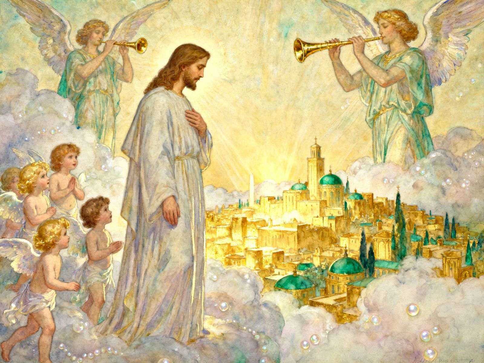 Jesus Surveys Heavenly City with Angels and Cherubs in Water...