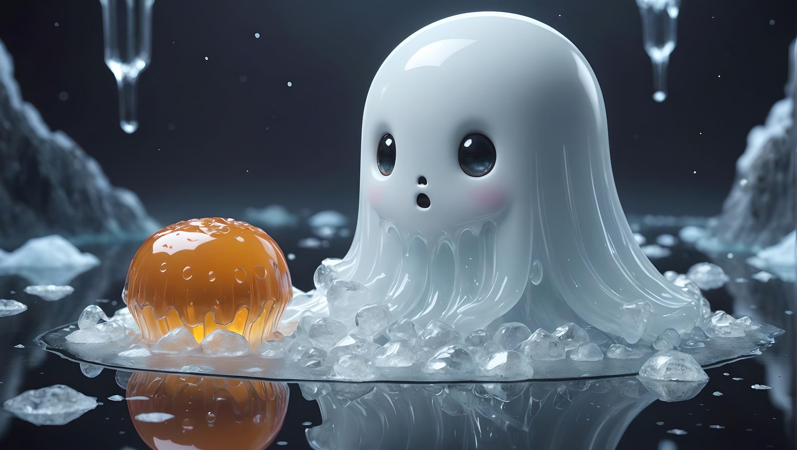 Cute Jelly Ghost Eats Ice: 3D Anime Art