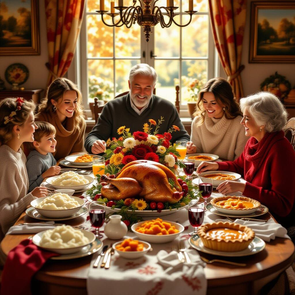 Warm Thanksgiving Feast with Family in Painterly Style