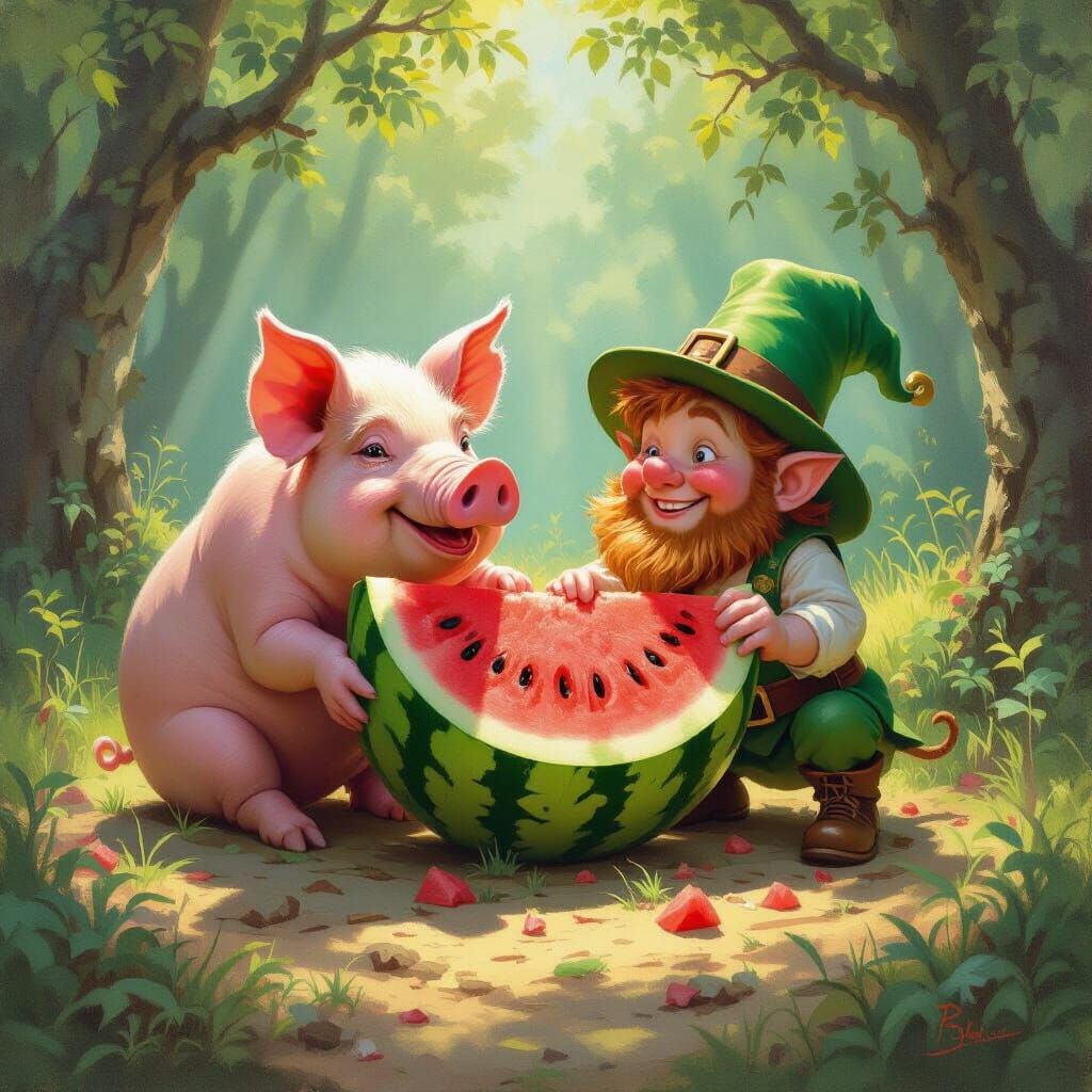 Pig and Leprechaun Share Watermelon in Forest Clearing