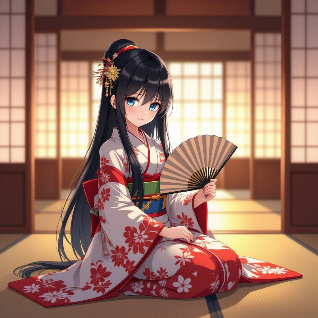 Anime Girl in Junihitoe in Japanese Palace