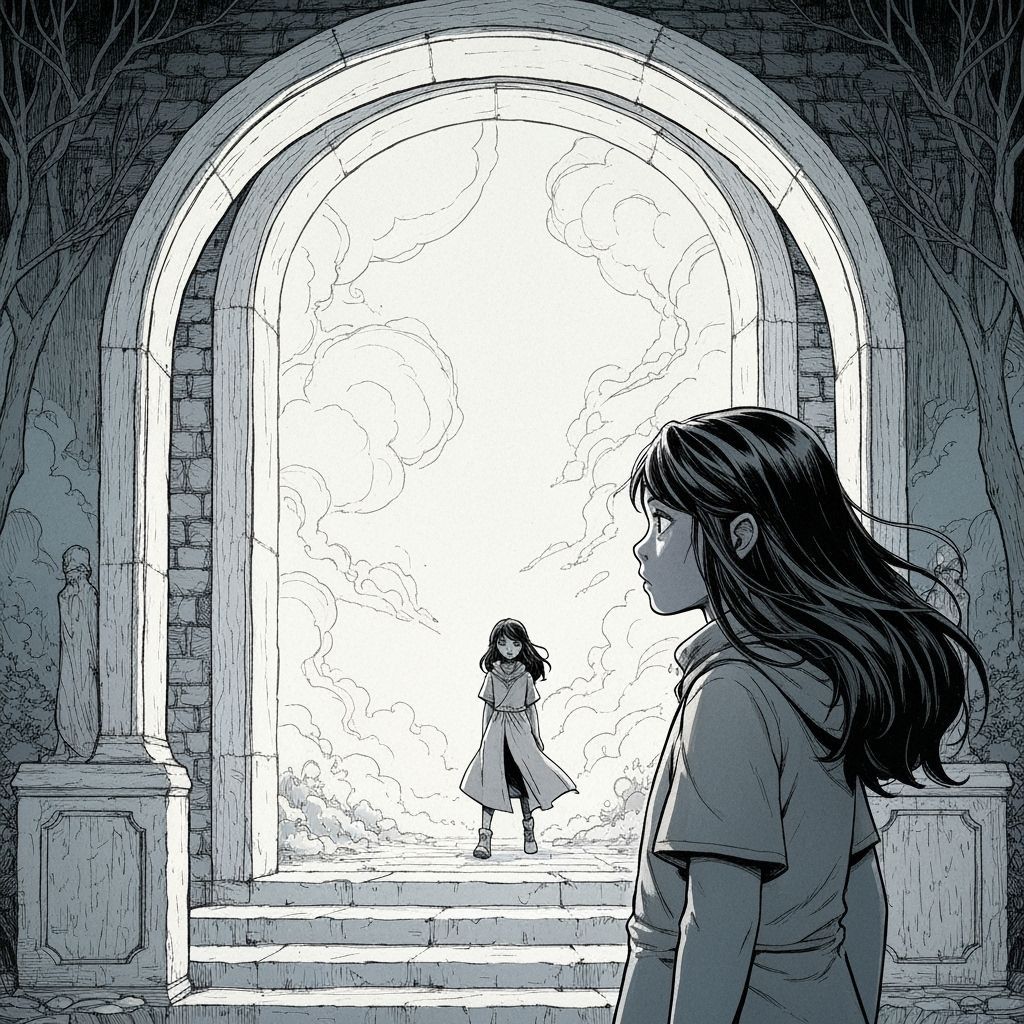 Tehanu Facing Master Doorkeeper at Wizardry School Portal