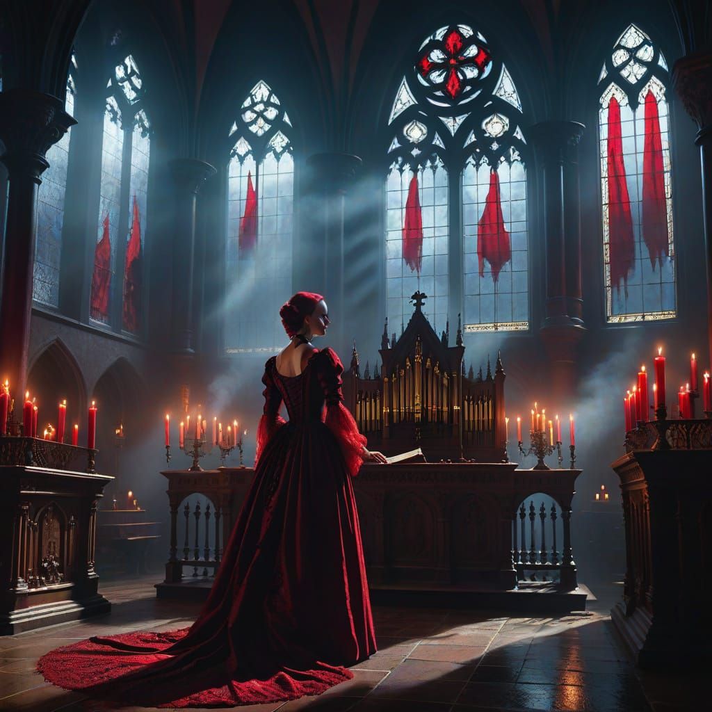 Elizabeth Bathory at Altar in Gothic Cathedral